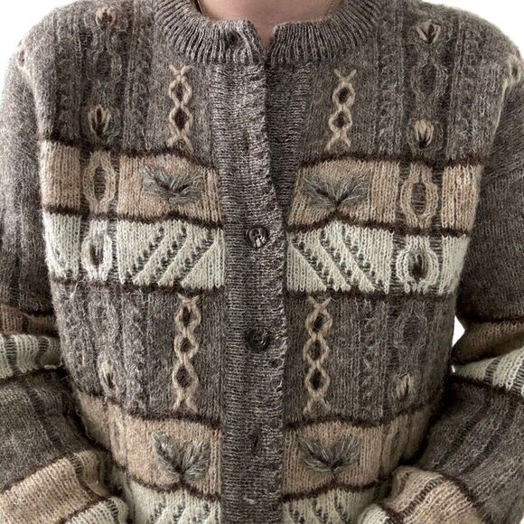 Vintage Oster Austrian Wool Mohair Brown Floral Embroidered Cardigan Sweater - Picture 3 of 9